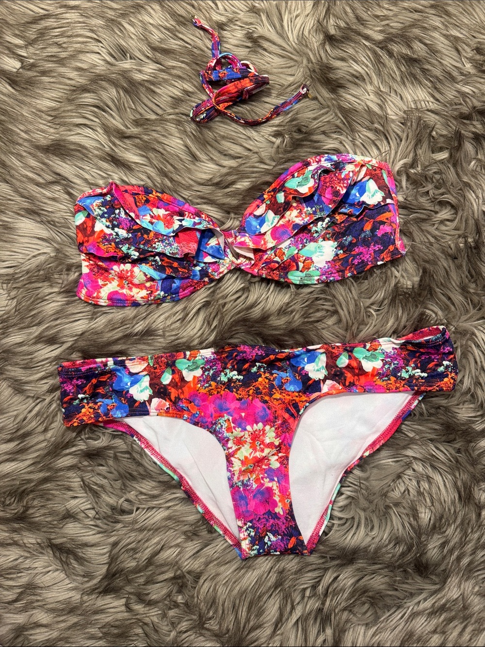 ALLOY Floral Multicolor Bandeau Bikini - Pink, Blue, Red, Green